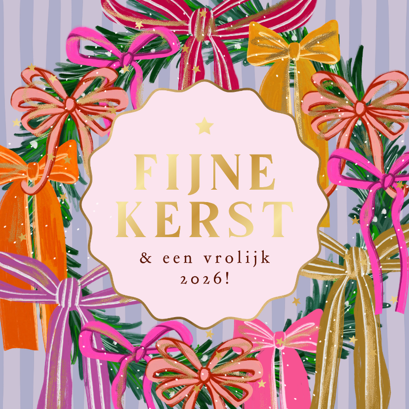 Kerstkaarten - Kleurrijke kerstkaart kerstkrans strikken streep goud ster