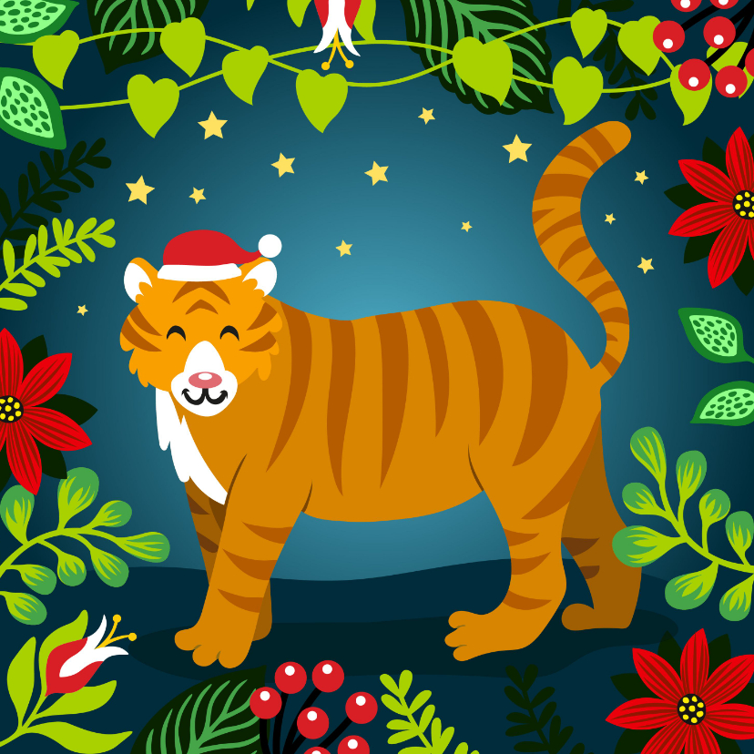 Kleurrijke kerstkaart met tijger in de jungle - Kerstkaarten Kerstkaarten - Kleurrijke kerstkaart met tijger in de jungle