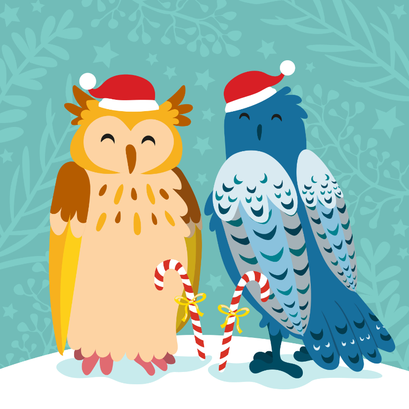 Kleurrijke kerstkaart met uilen in de sneeuw - Kerstkaarten Kerstkaarten - Kleurrijke kerstkaart met uilen in de sneeuw