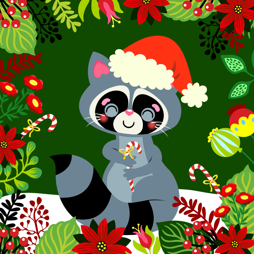 Kleurrijke kerstkaart met wasbeer en bloemen - Kerstkaarten Kerstkaarten - Kleurrijke kerstkaart met wasbeer en bloemen