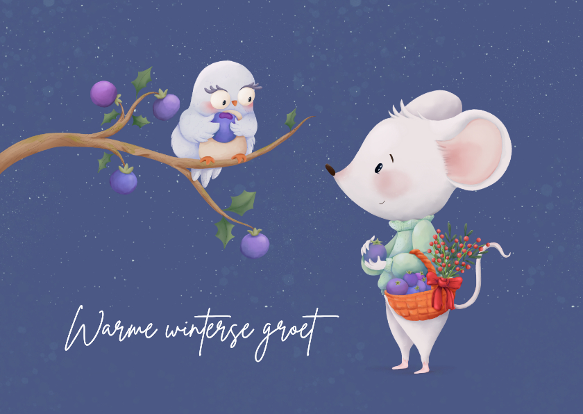 Knusse winterkaart met muis en uil - Kerstkaarten Kerstkaarten - Knusse winterkaart met muis en uil