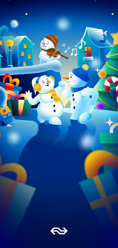 Langwerpige kerstkaart dansende sneeuwpoppen NS - Kerstkaarten Kerstkaarten - Langwerpige kerstkaart dansende sneeuwpoppen NS