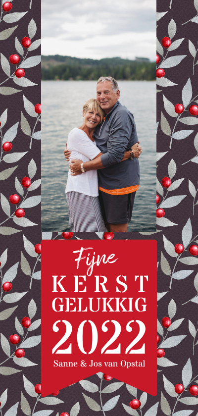 Langwerpige kerstkaart met rode bes takjes - Kerstkaarten Kerstkaarten - Langwerpige kerstkaart met rode bes takjes