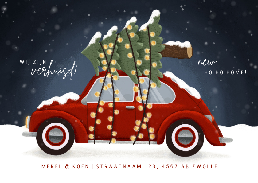 Kerstkaarten - Leuke kerst verhuiskaart met oude Volkswagen en kerstboom