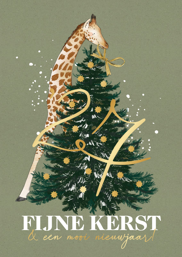 Kerstkaarten - Leuke kerstkaart illustratie giraf kerstboom jaartal sterren