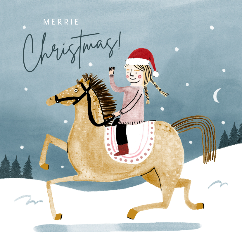 Kerstkaarten - Leuke kerstkaart merrie christmas paard en meisje in sneeuw