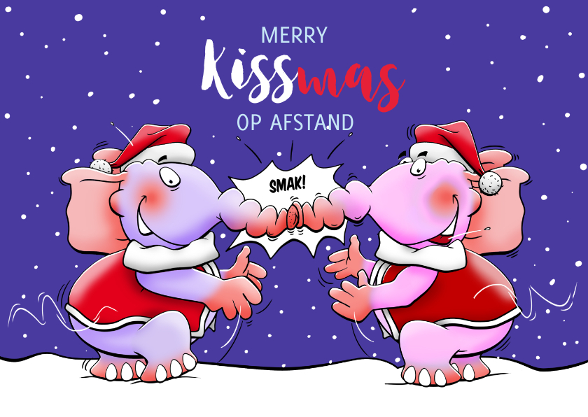 Leuke kerstkaart met 2 olifanten die elkaar kussen - Kerstkaarten Kerstkaarten - Leuke kerstkaart met 2 olifanten die elkaar kussen