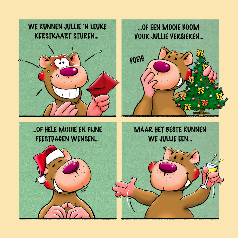 Leuke kerstkaart met beer in 4 groene vlakken - Kerstkaarten Kerstkaarten - Leuke kerstkaart met beer in 4 groene vlakken