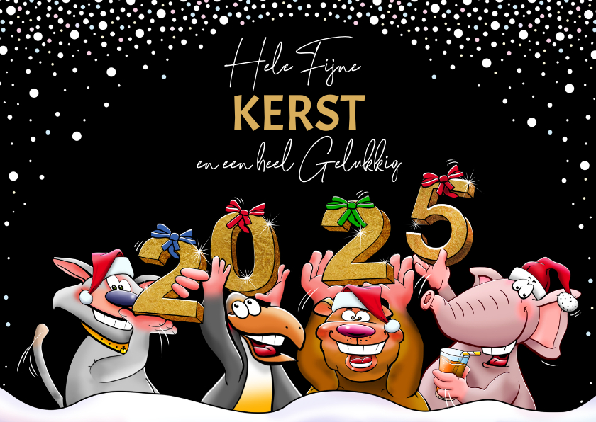 Leuke kerstkaart met diverse dieren en 2025 | Kaartje2go