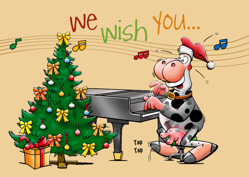 Leuke kerstkaart met een koe die op de piano speelt - Kerstkaarten Kerstkaarten - Leuke kerstkaart met een koe die op de piano speelt