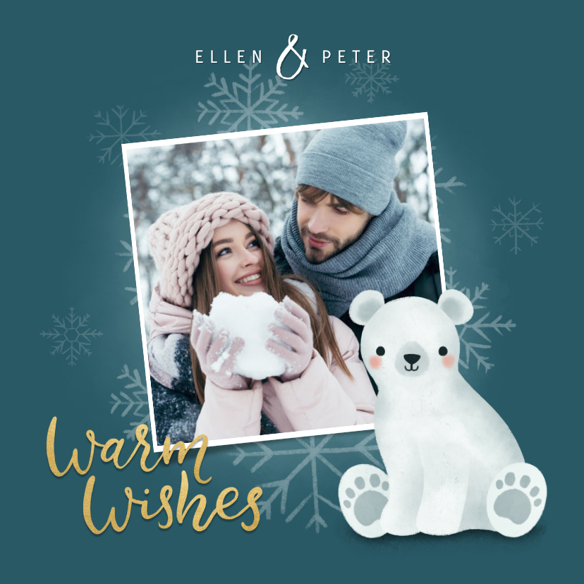 Leuke kerstkaart met foto, ijsbeertje en sneeuwvlokken - Kerstkaarten Kerstkaarten - Leuke kerstkaart met foto, ijsbeertje en sneeuwvlokken