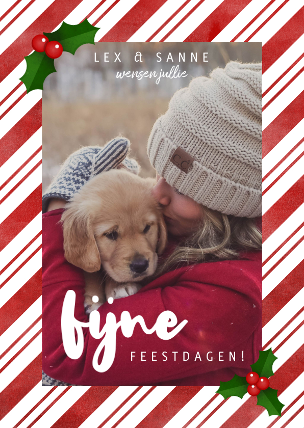 Leuke kerstkaart met zuurstok kader, grote foto & kersthulst - Kerstkaarten Kerstkaarten - Leuke kerstkaart met zuurstok kader, grote foto & kersthulst