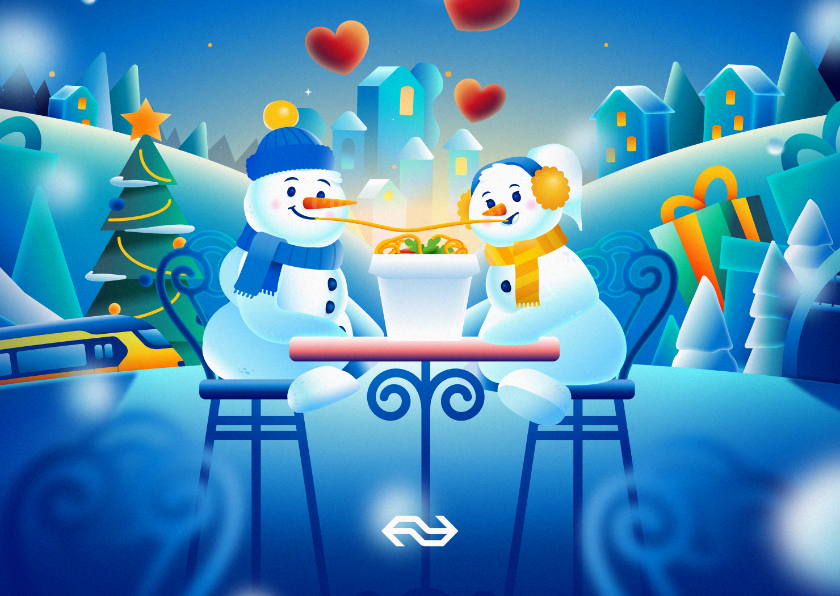 Leuke kerstkaart NS Wintercity sneeuwpopjes aan tafel - Kerstkaarten Kerstkaarten - Leuke kerstkaart NS Wintercity sneeuwpopjes aan tafel