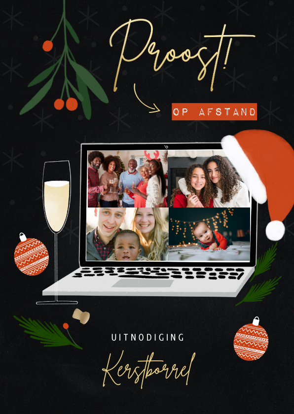 Kerstkaarten - Leuke uitnodiging kerstborrel op afstand met laptop & foto's