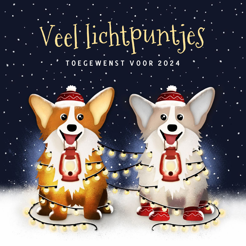 Kerstkaarten - Lichtpuntjes kerstkaart met 2 corgi hondjes en kerstlampjes