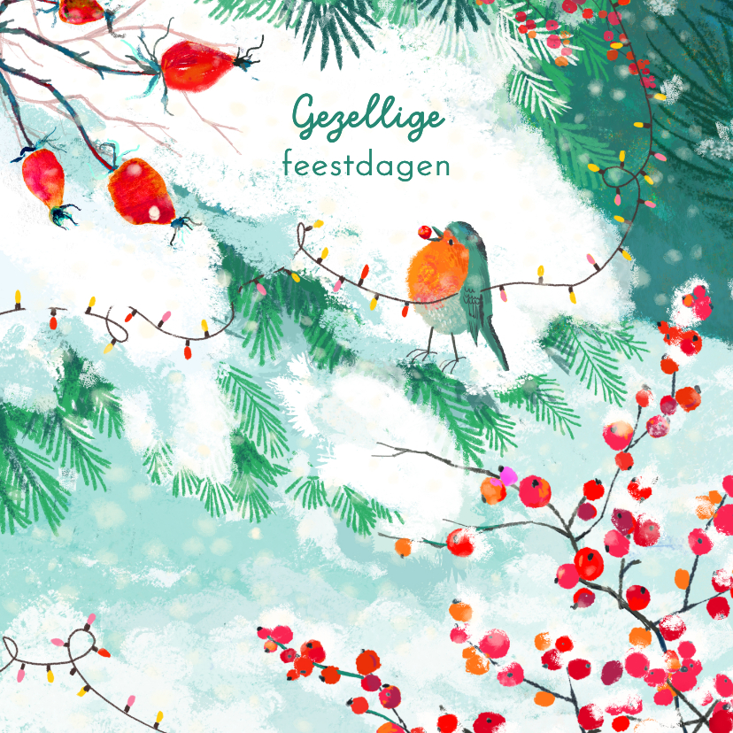 Lief kerstkaart met roodborst en kerstlampjes - Kerstkaarten Kerstkaarten - Lief kerstkaart met roodborst en kerstlampjes