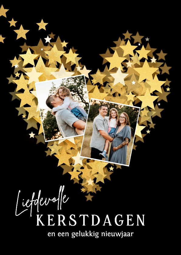 Kerstkaarten - Lief kerstkaartje sterren hart goud en twee foto's