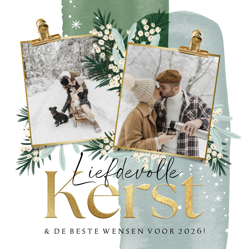 Kerstkaarten - Liefdevolle kerstkaart 2 foto's kersttakken watercolor ster