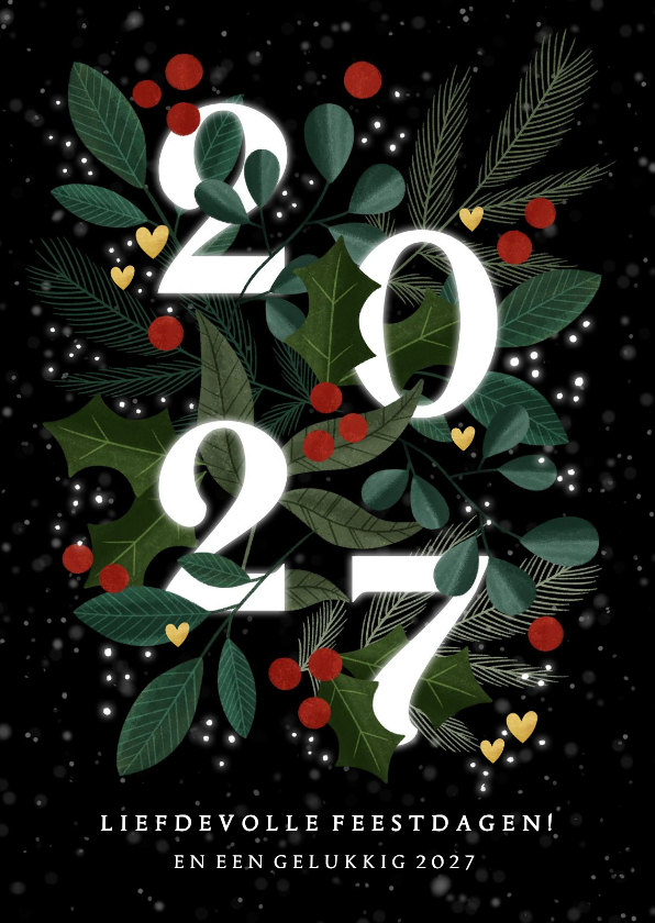 Liefdevolle kerstkaart 2027 met takjes & hartjes - Kerstkaarten Kerstkaarten - Liefdevolle kerstkaart 2027 met takjes & hartjes
