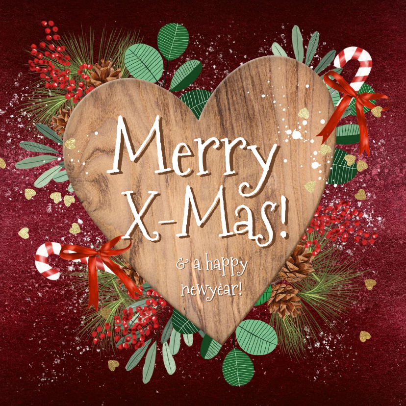 Liefdevolle kerstkaart houten hart op velvet rood botanisch - Kerstkaarten Kerstkaarten - Liefdevolle kerstkaart houten hart op velvet rood botanisch