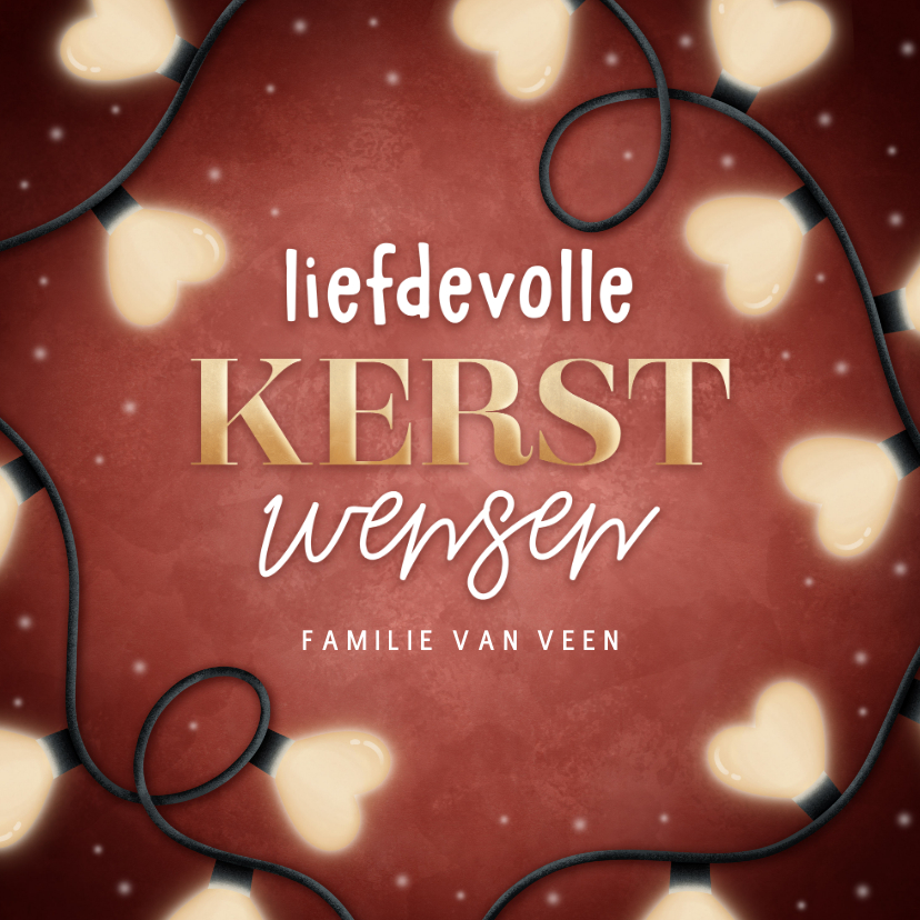 Kerstkaarten - Liefdevolle kerstkaart kerstlampjes hartjes & typografie