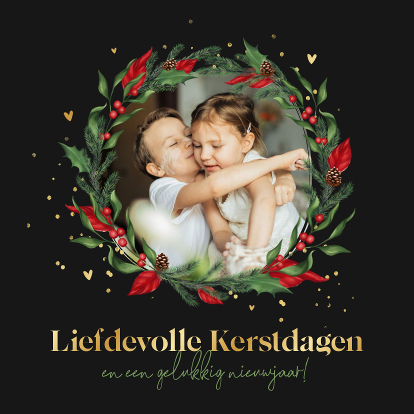 Liefdevolle kerstkaart kersttakjes krans goud hartjes foto - Kerstkaarten Kerstkaarten - Liefdevolle kerstkaart kersttakjes krans goud hartjes foto