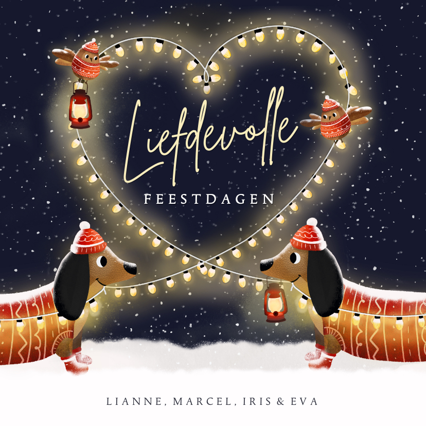 Liefdevolle kerstkaart met teckels en hart van lampjes - Kerstkaarten Kerstkaarten - Liefdevolle kerstkaart met teckels en hart van lampjes