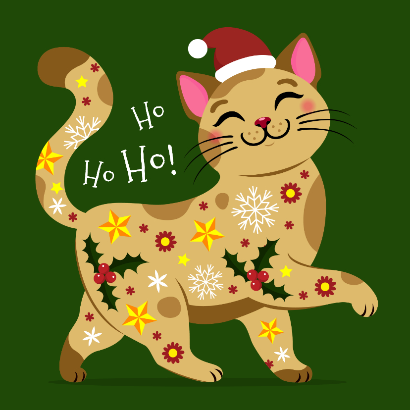 Kerstkaarten - Lieve en fleurige kat kerstkaart