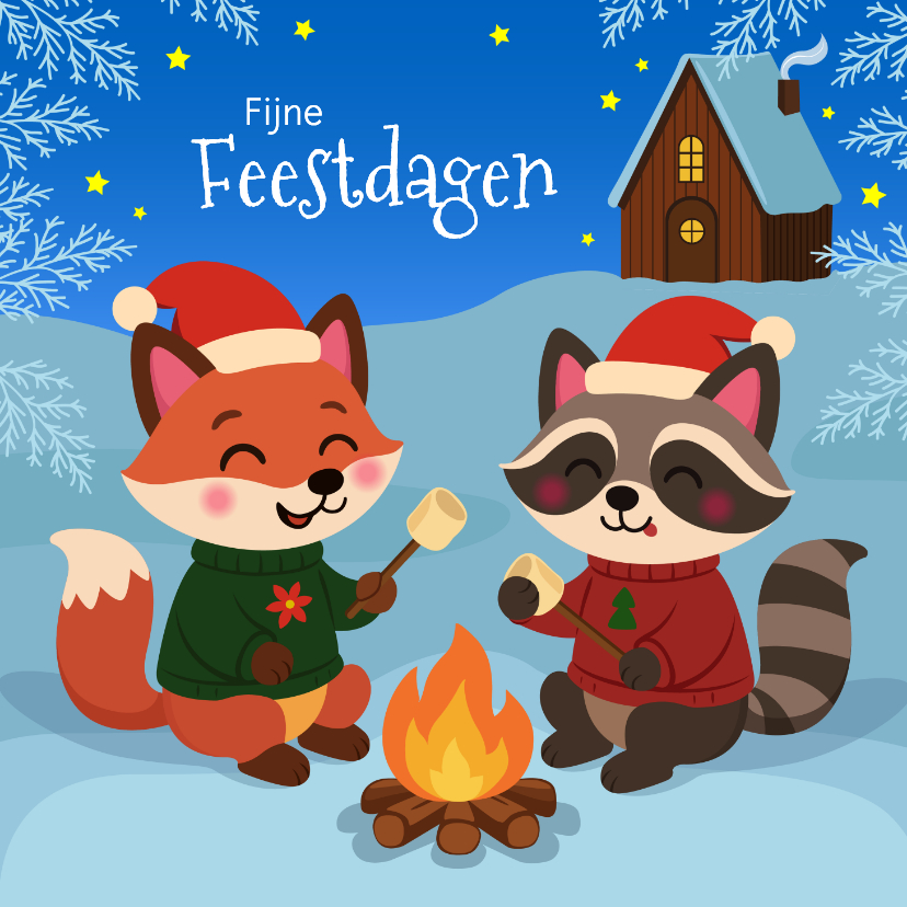 Lieve en grappige kerstkaart met dieren bij kampvuur - Kerstkaarten Kerstkaarten - Lieve en grappige kerstkaart met dieren bij kampvuur