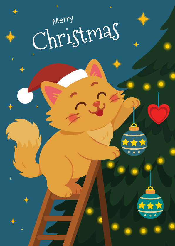 Lieve kat die kerstboom versiert - Kerstkaarten Kerstkaarten - Lieve kat die kerstboom versiert