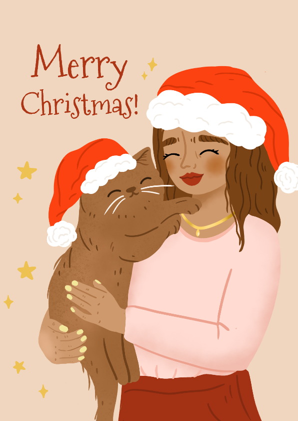 Kerstkaarten - Lieve kerstkaart illustratie vrouw met kat