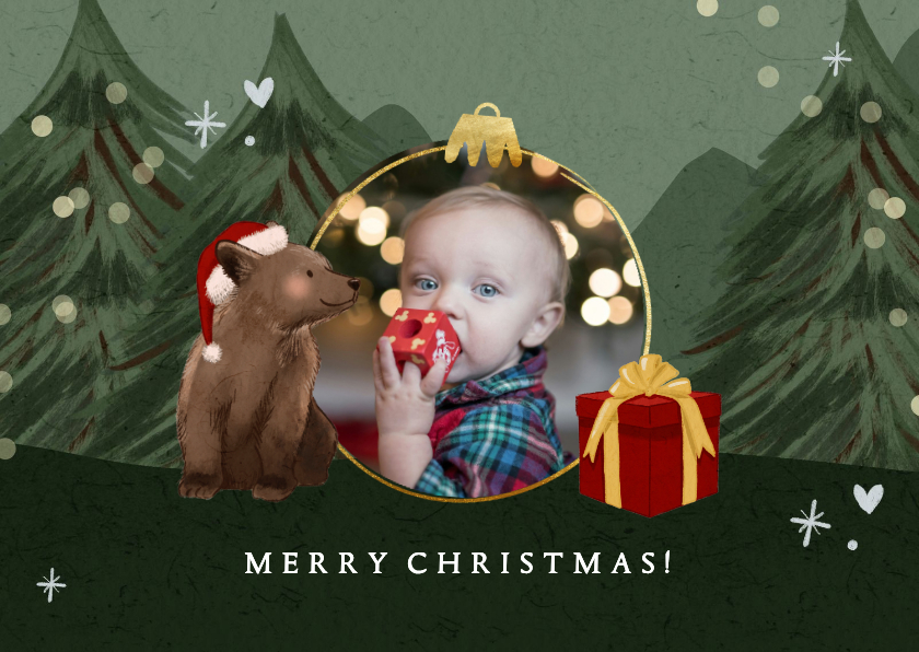 Lieve kerstkaart met beertje en kerstballen fotokader - Kerstkaarten Kerstkaarten - Lieve kerstkaart met beertje en kerstballen fotokader