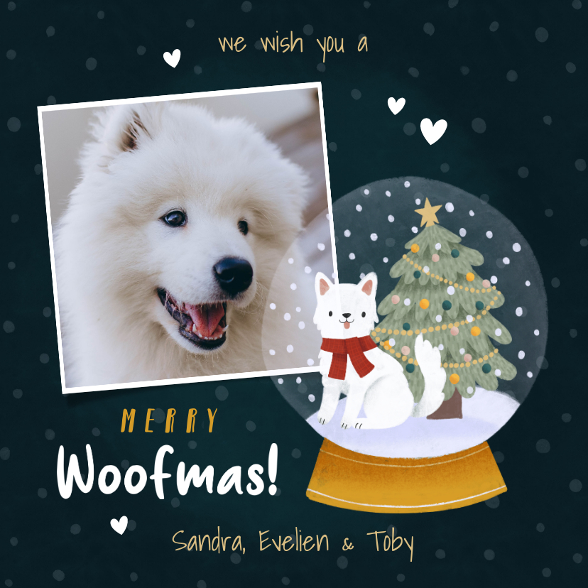 Kerstkaarten - Lieve kerstkaart met foto hond in sneeuwbol en kerstboom