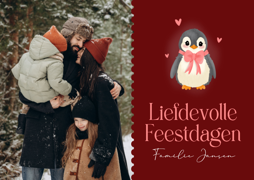 Kerstkaarten - Lieve kerstkaart met foto rood met pinguïn en strikje