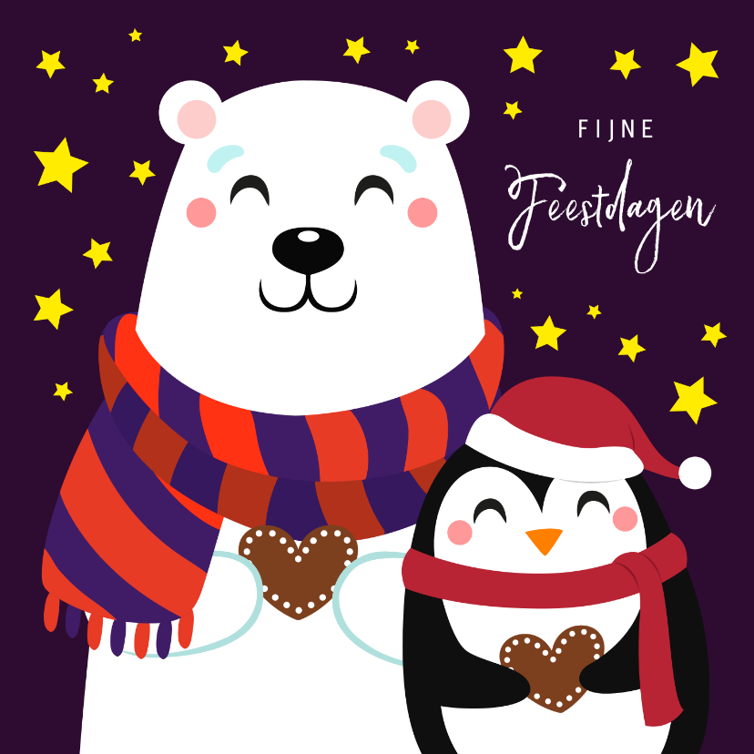Kerstkaarten - Lieve kerstkaart met ijsbeer en pinguïn
