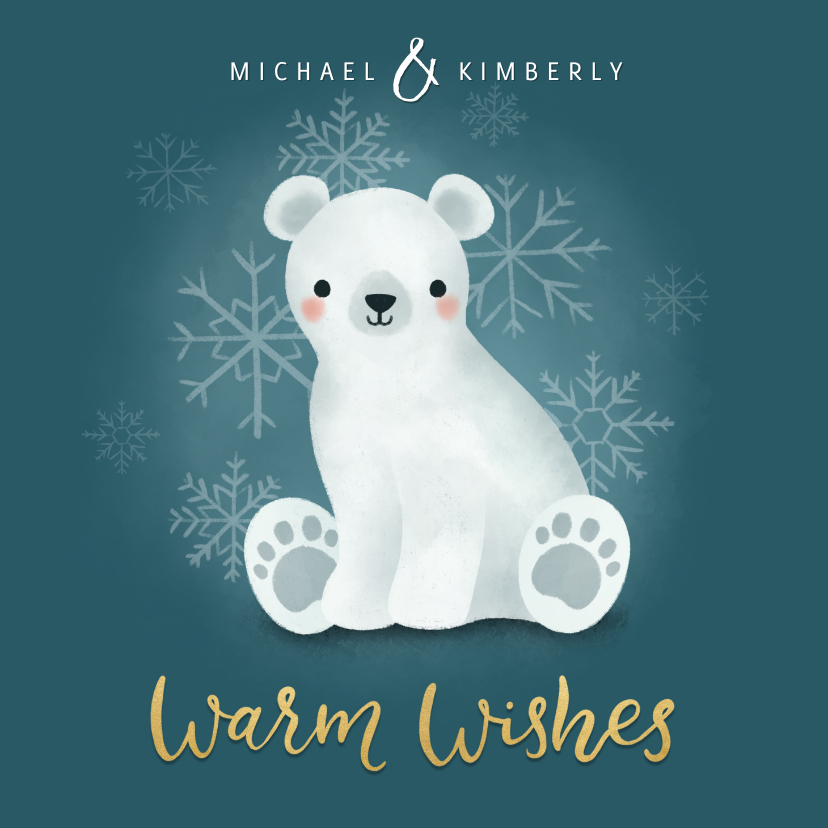 Kerstkaarten - Lieve kerstkaart met ijsbeertje, warm wishes & sneeuwvlokken