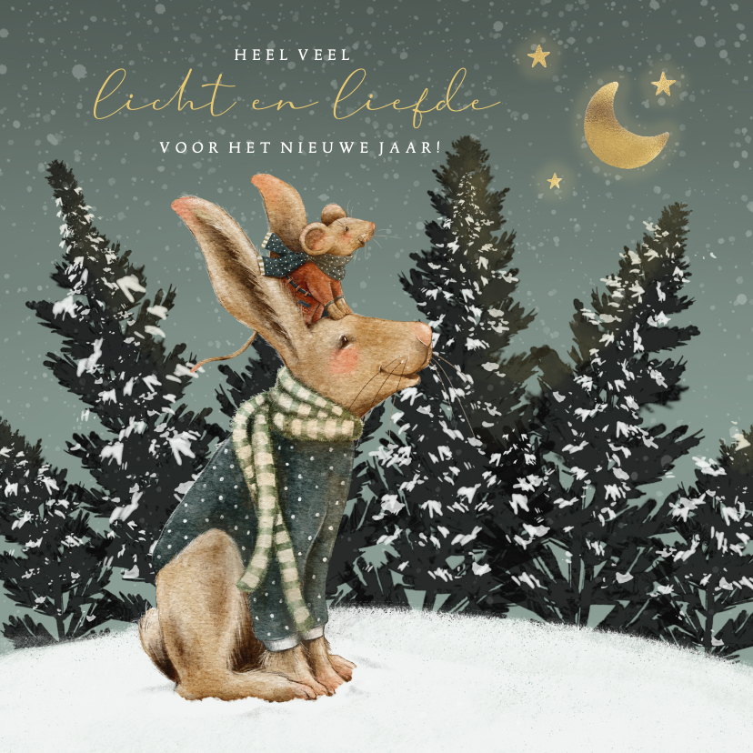 Kerstkaarten - Lieve kerstkaart met illustratie haas en muis onder de maan