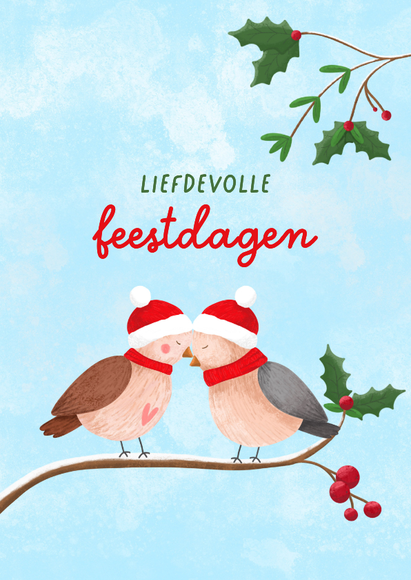 Lieve kerstkaart met illustratie van twee musjes in winter - Kerstkaarten Kerstkaarten - Lieve kerstkaart met illustratie van twee musjes in winter