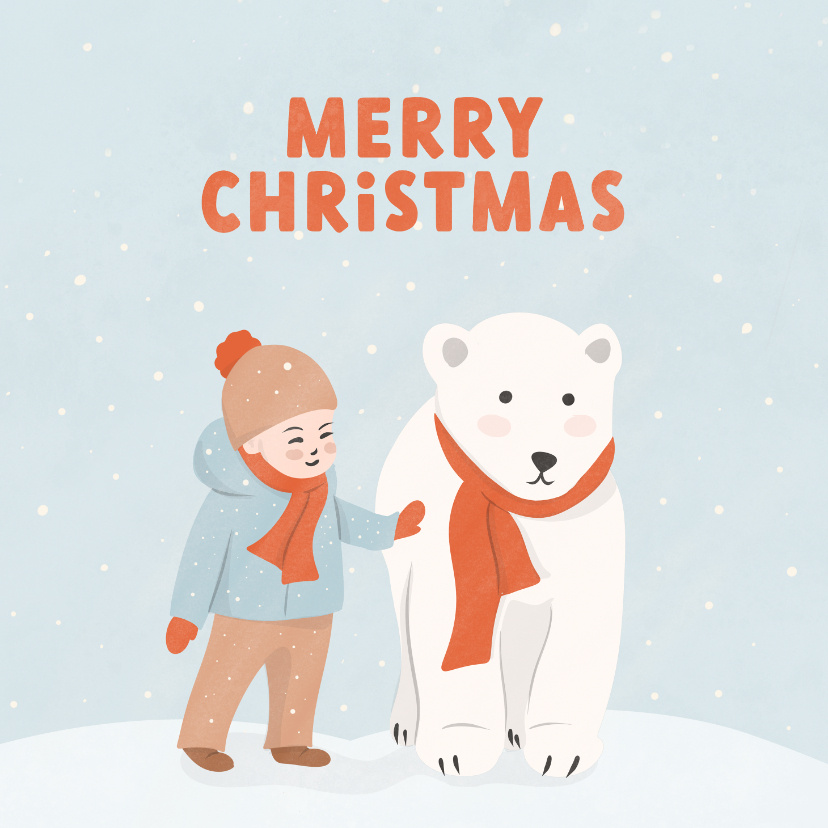 Kerstkaarten - Lieve kerstkaart met jongetje en ijsbeer in de sneeuw