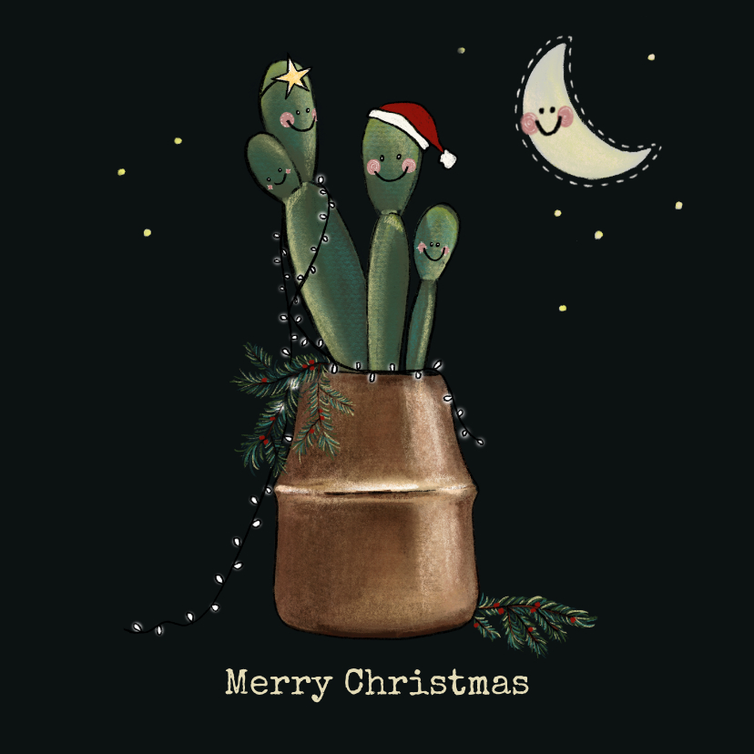 Lieve kerstkaart van vriendelijke cactussen in koperen pot - Kerstkaarten Kerstkaarten - Lieve kerstkaart van vriendelijke cactussen in koperen pot