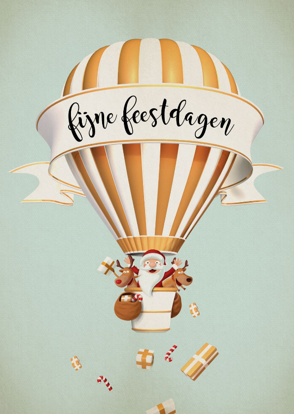 Luchtballon in wit met goud met kerstman en rendiertjes - Kerstkaarten Kerstkaarten - Luchtballon in wit met goud met kerstman en rendiertjes