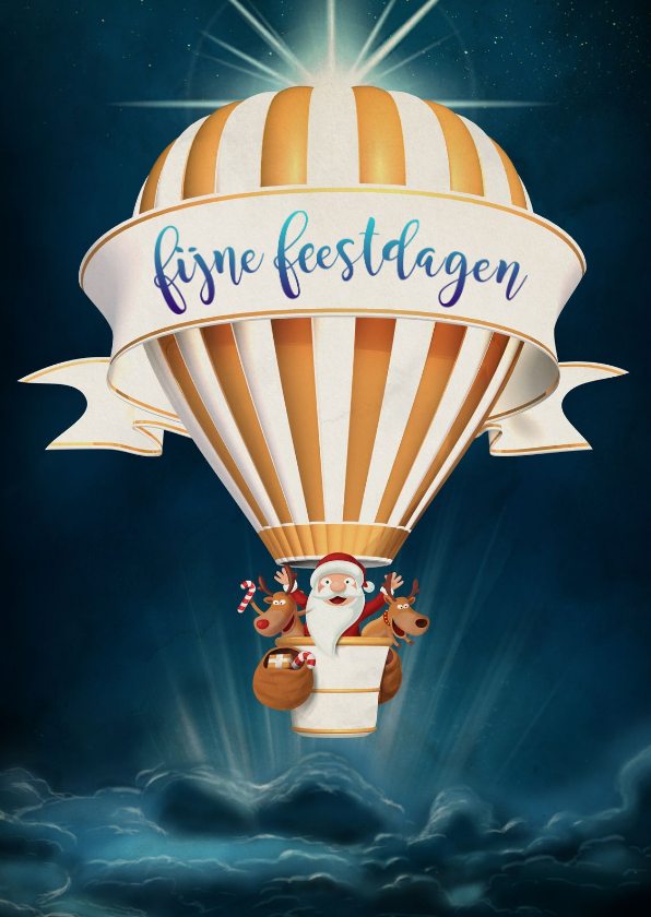 Luchtballon met kerstman en rendieren met kerstster - Kerstkaarten Kerstkaarten - Luchtballon met kerstman en rendieren met kerstster