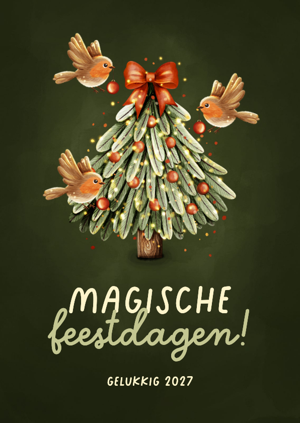 Magisch kerstkaartje kerstboom drie roodborstjes - Kerstkaarten Kerstkaarten - Magisch kerstkaartje kerstboom drie roodborstjes