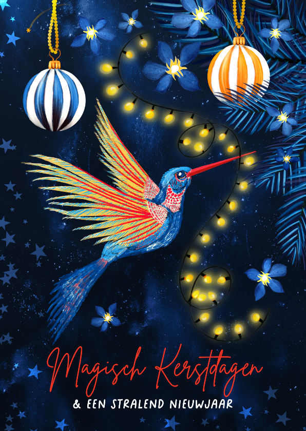 Kerstkaarten - Magische kerstkaart met kolibri en lichtjes