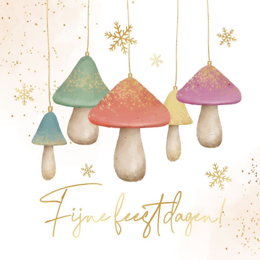 Magische kerstkaart paddestoelen trend sneeuwvlokken goud - Kerstkaarten Kerstkaarten - Magische kerstkaart paddestoelen trend sneeuwvlokken goud