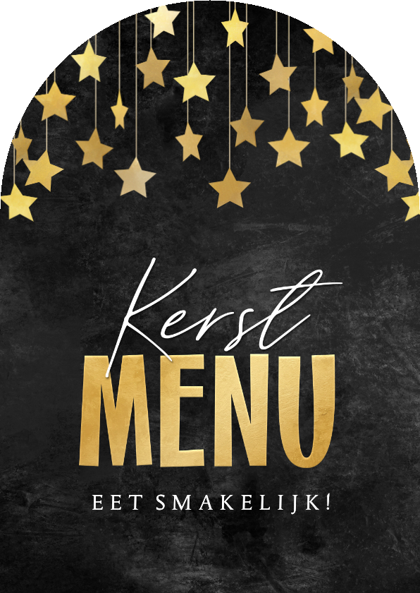Menukaart boogvorm sterren goud krijtbord kerstdiner - Kerstkaarten Kerstkaarten - Menukaart boogvorm sterren goud krijtbord kerstdiner