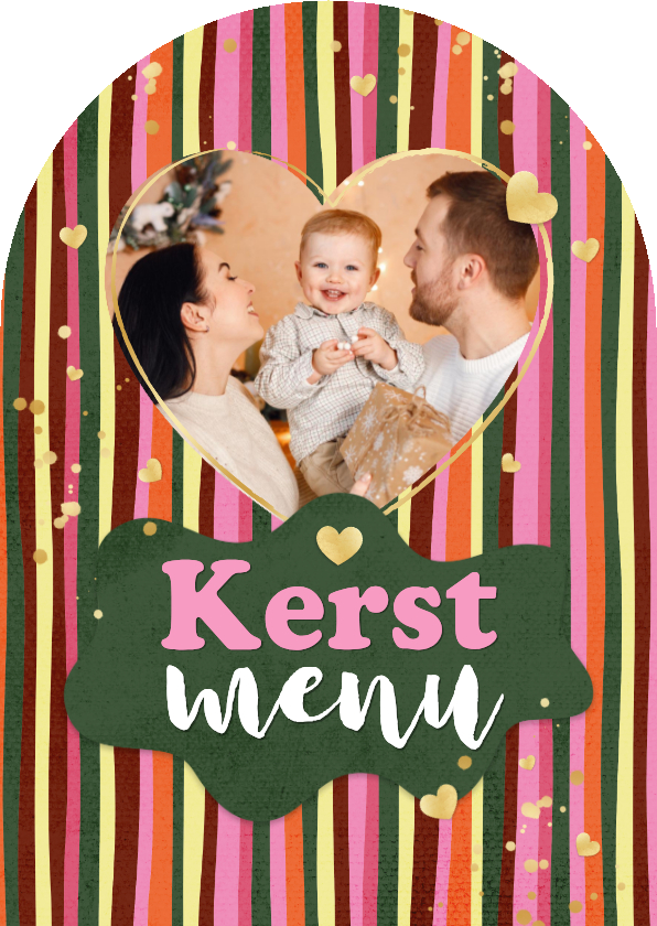 Kerstkaarten - Menukaart hip streepjes kerst diner hartjes goud
