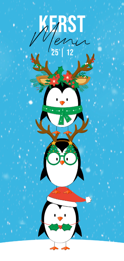 Kerstkaarten - Menukaart humor grappige pinguïns in kerstoutfit in sneeuw