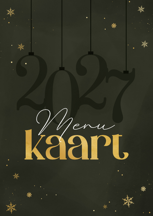 Kerstkaarten - Menukaart kerst stijlvol 2027 sneeuwvlokjes goudlook