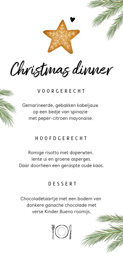 Menukaart kerstdiner met kerstkoekje en takjes - Kerstkaarten Kerstkaarten - Menukaart kerstdiner met kerstkoekje en takjes